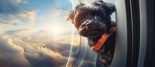Airplane Travel With Pet Dog In Carrier Bag Near Window