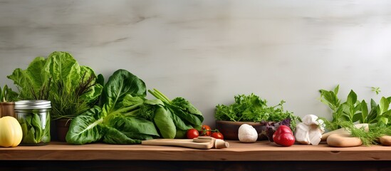 Wall Mural - Front view composition of fresh green leafy vegetables and kitchen utensils on wooden countertop with space for display