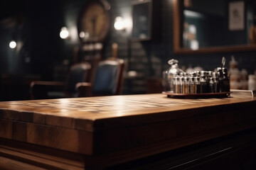 Blurred Barber Shop View with Wooden Table Background. Generative Ai.