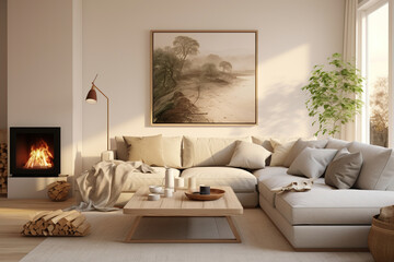 Wall Mural - Modern living room with a cozy corner fireplace, a neutral-toned sectional sofa, and a gallery wall featuring a mix of abstract art wallpaper