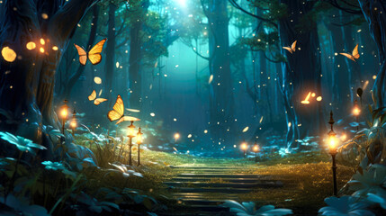 Wall Mural - Mysterious dark forest with magic lanterns.