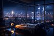 a bedroom interior with a panoramic window view of a futuristic cityscape at night, rain streaming down the glass | Generative Ai