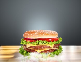 Poster - Tasty fresh sandwich or burger on desk, AI generated image