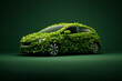 Image omade with generative AI of eco friendly car formed by green leaves on a green background