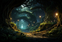 Fairy Tale Archway With Magic Light Through An Enchanted Forest Generative AI Picture