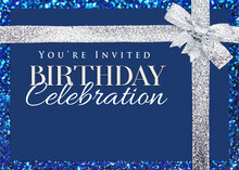 Blue Birthday Party Invitation Template with Silver Ribbon 