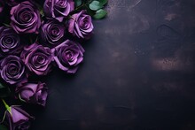 Violet Roses Border Frame On Dark Wooden Background Top View, Floral Template With Copy Space