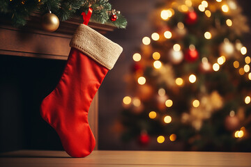 red santa claus hat and sock hanging under christmas tree in the house, christmas stockings. generat