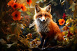 Red fox in the forest near flowers