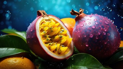  a pomegranate and two oranges with water droplets on them.  generative ai