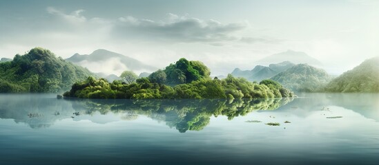 Canvas Print - a pristine jungle with a lake in the shape of a lung