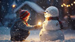Bonhomme de neige avec un enfant, décoration pour fêter le jour de Noël, Joyeux Noël