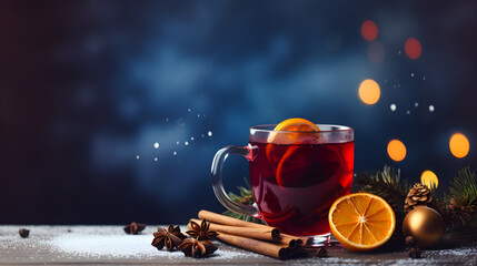 Christmas mulled red wine with spices and fruits on a blue background. Traditional hot drink at Christmas time