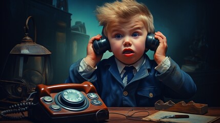 A nostalgic scene of a determined child using a vintage rotary phone to communicate, their passionate expression captured as they shout into the receiver, channeling the essence of business communicat