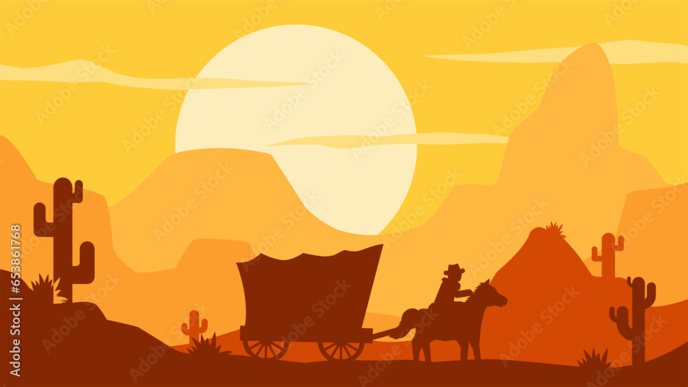 Wild west desert landscape vector illustration. Cowboy with wagon in ...