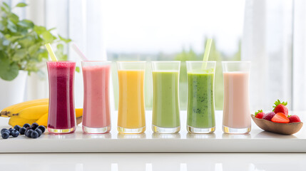 Wall Mural - Summer colorful fruit smoothies in glasses with ingredients on white kitchen background. Healthy, detox and diet food concept.