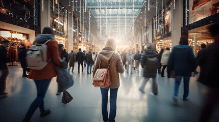 Wall Mural - Abstract blurred photo of many people shopping inside department store or modern shopping mall. Urban lifestyle and black friday shopping concept