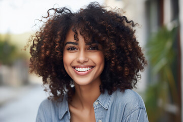 Wall Mural - Generative AI picture of beautiful young woman afro volume hair style in the street sunny day