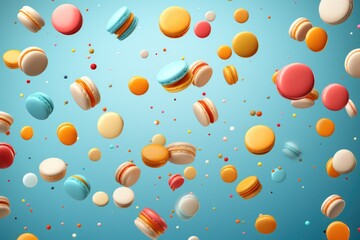 Sticker - Colorful macarons falling in the air on a blue background, AI