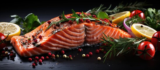 Wall Mural - Seafood and salmon steak on rustic background