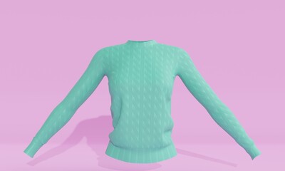 Wall Mural - Knitted mint women's sweater on a pink background. 3d rendering