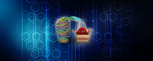 Poster - 3d rendering students education book with copyright lock on card box