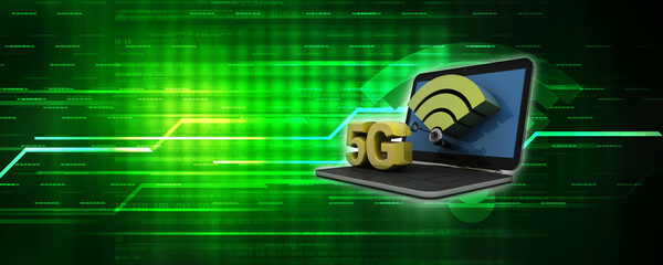 Poster - 3d rendering 5G Network 5G Connection with laptop
