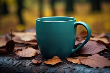 A ceramic mug in a turquoise color with natural wooden background. Generative AI