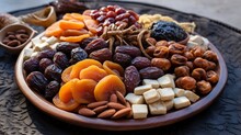 A Mediterranean Dessert Platter Adorned With Dried Figs, Apricots, And Dates, A Visual Feast Of Natural Sweetness
