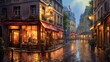 a rain-soaked European street, cobblestones reflecting the colors of quaint storefronts and charming lampposts