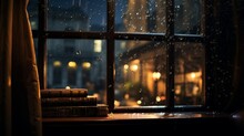 A Rain-spattered Library Window, Where The World Outside Fades Into A Blur, And The World Of Words Becomes A Refuge