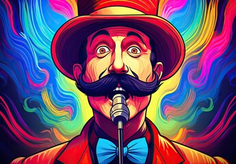 Wall Mural - Event host in costume with microphone while performing, actor or singer. Speaker with microphone in hand in watercolor painting style.  Illustration for banner, flyer, advertising, card, poster.