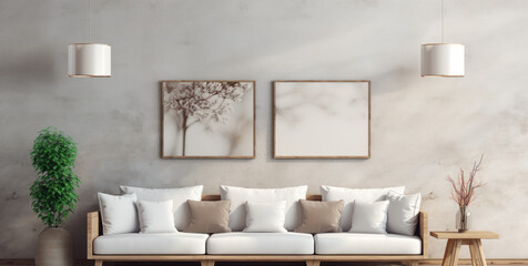 Wall Mural - Part of home interior, sofa near wall, picture frames, light and shadow from window
