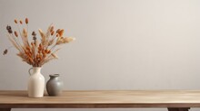 Wooden Table With Vase With Bouquet Dried Flower, Copy Space
