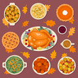 Thanksgiving Day traditional dishes vector illustration. Autumn food recipes.