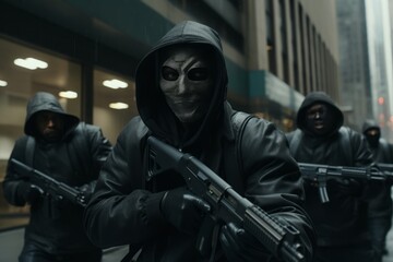 Gang of men, armed with semi-automatic weapons, poised in a menacing robbery stance.