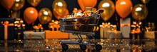 Black Friday Shopping Cart With Gift Boxes, Black Friday Discounts, Blurred Background With Bright Lights