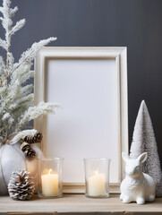 Poster - Christmas home decor with candles, figures of animal, empty picture frame and Christmas ornaments on table.