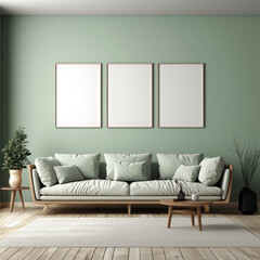 Wall Mural - Part of interior mockup, sofa near wall, empty picture frames, light and shadow from window