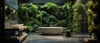 Modern beauty salon with spa and vertical garden featuring a luxury bathroom with green plants massage beds bathtub and a nature inspired wellness concept