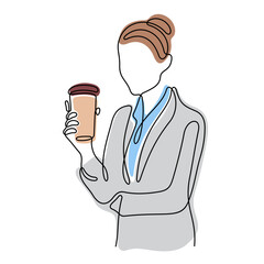 Wall Mural - Business woman holding a coffee cup continuous line colourful vector illustration