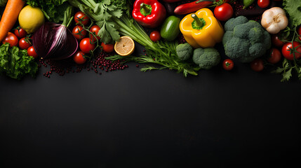 Wall Mural - top view of fresh organic vegetables and fruits on black background