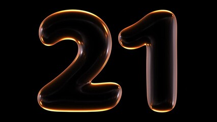 Poster - Seamless animation of glowing number 21 with light and reflections isolated on black background in 3d rendering.