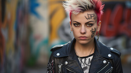 Wall Mural - a rebellious woman with a punk-rock flair, standing amidst urban graffiti, wearing leather and studs that reflect her nonconformist attitude. 