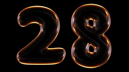 Poster - Seamless animation of glowing number 28 with light and reflections isolated on black background in 3d rendering.