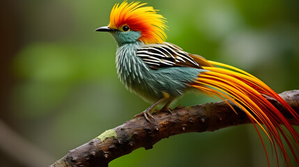 Wall Mural - A beautiful green bird with an orange tail