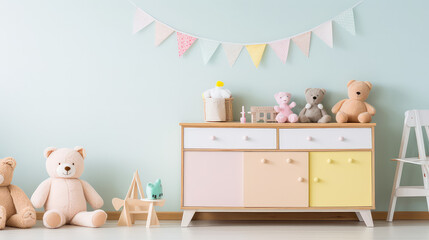 Cozy interior of children room in pastel light colors. Swaddling dresser, children's toys, cute pretty room for baby. 