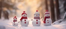 Family Snowman With Scarf In Snow Forest Greeting Card Xmas Christmas