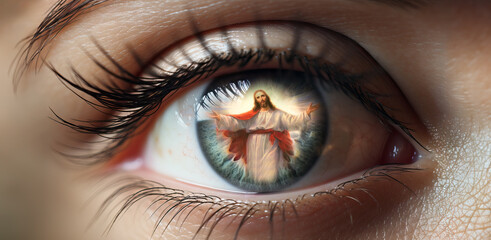 Jesus Christ Lord God Calling, Faith Awakening.  Christ's Presence in the Eye's Reflection.  Religion Art. 