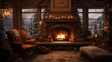A Cozy Winter Cabin Interior With A Roaring Fireplace And Rustic Furnishings, Where Snowy Landscapes Meet Warmth And Comfort